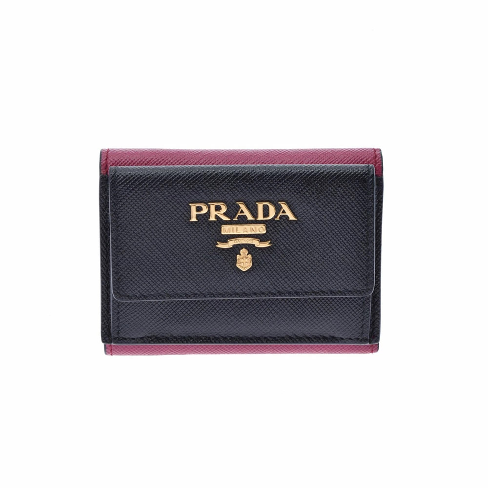 PRADA Saffiano Black Pink Leather Tri fold Wallet